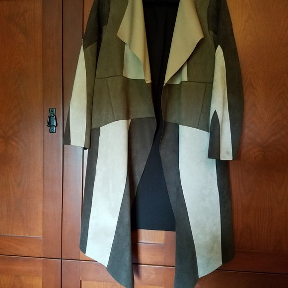 Brown & Tan Patchwork Faux Suede Coat L - Picture 3 of 7